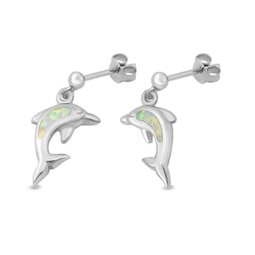 Dolphin Stud Earrings Lab Created White Opal 925 Sterling Silver (13mm)
